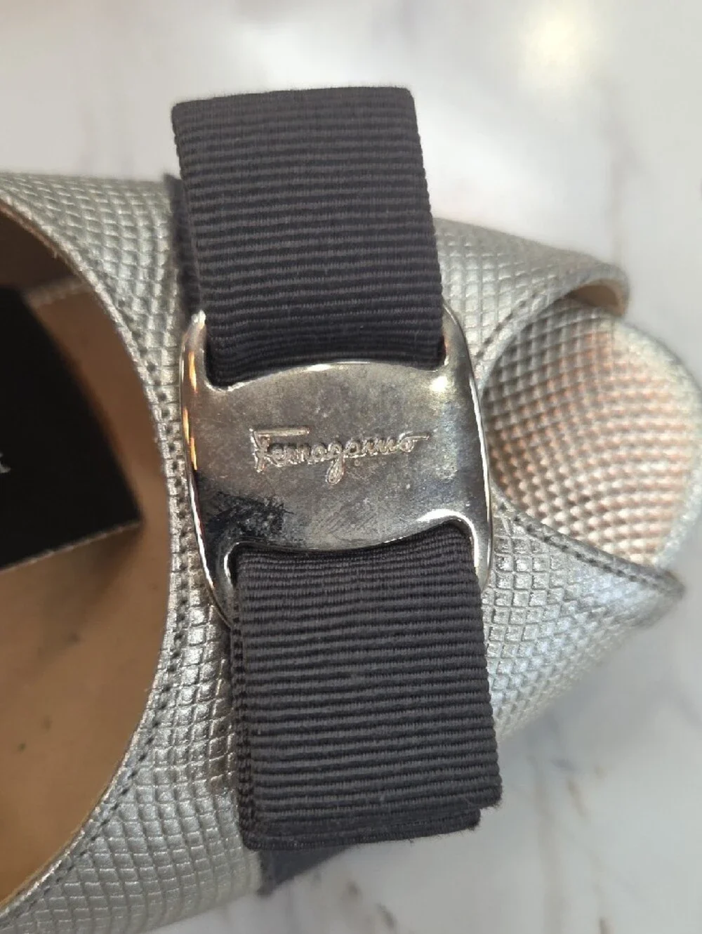 Salvatore Ferragamo Silver Slingback Peep-Toe Heels with Dark Bow